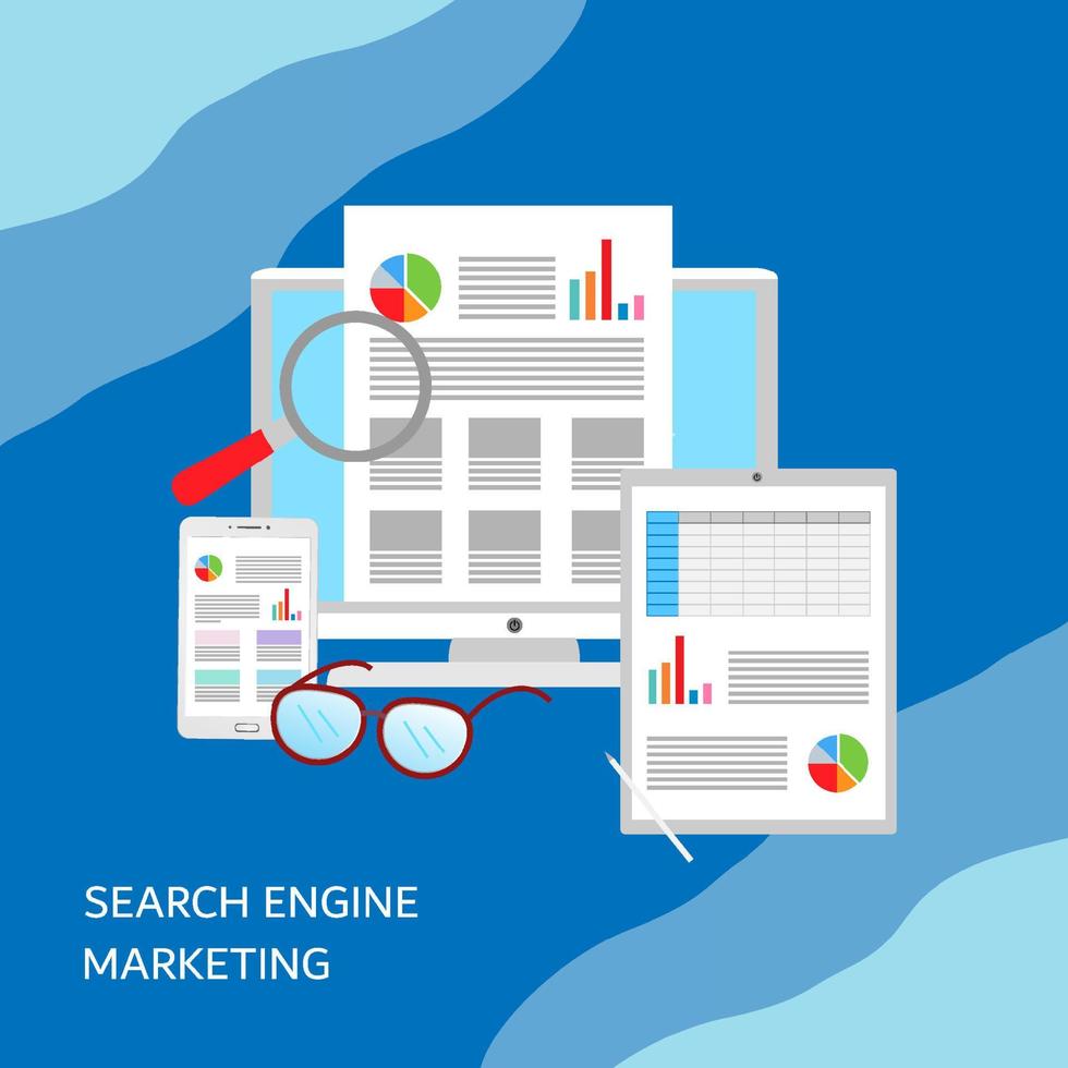 SEO-marknadsföringskampanj, sem, sökmotoroptimering för företag. internet marknadsföring sök platt vektor med ikoner och texter