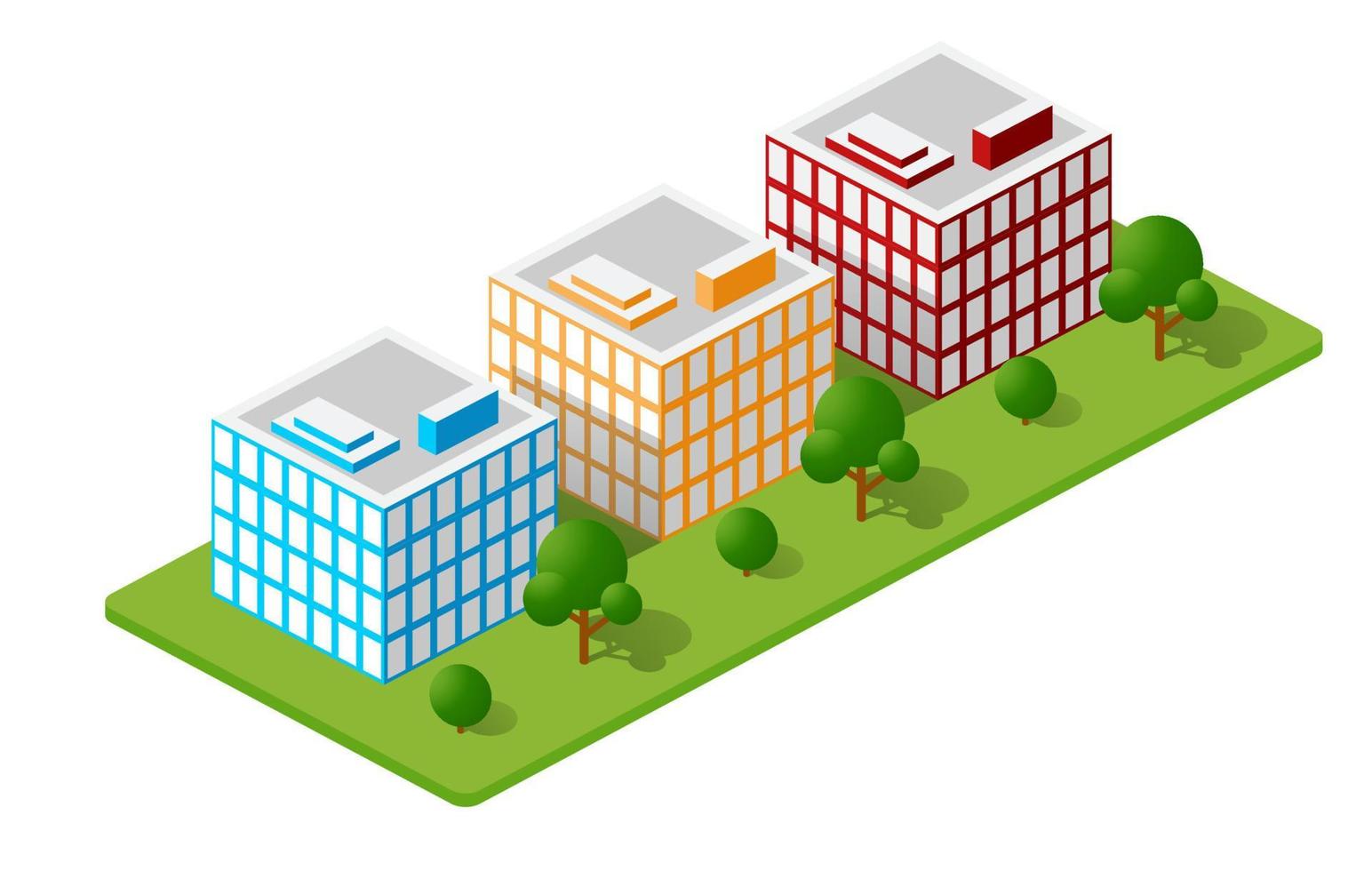 isometrische häuser, stadthäuser, wolkenkratzer und straßen in perspektivischer projektion für designseiten, geschäftsportale und immobilienagenturen vektor