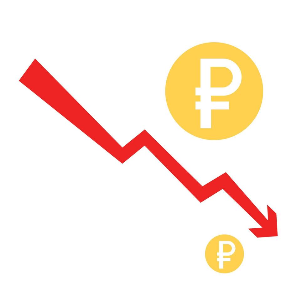 rubel falla platt ikon illustration. rubel går ner koncept. vektor