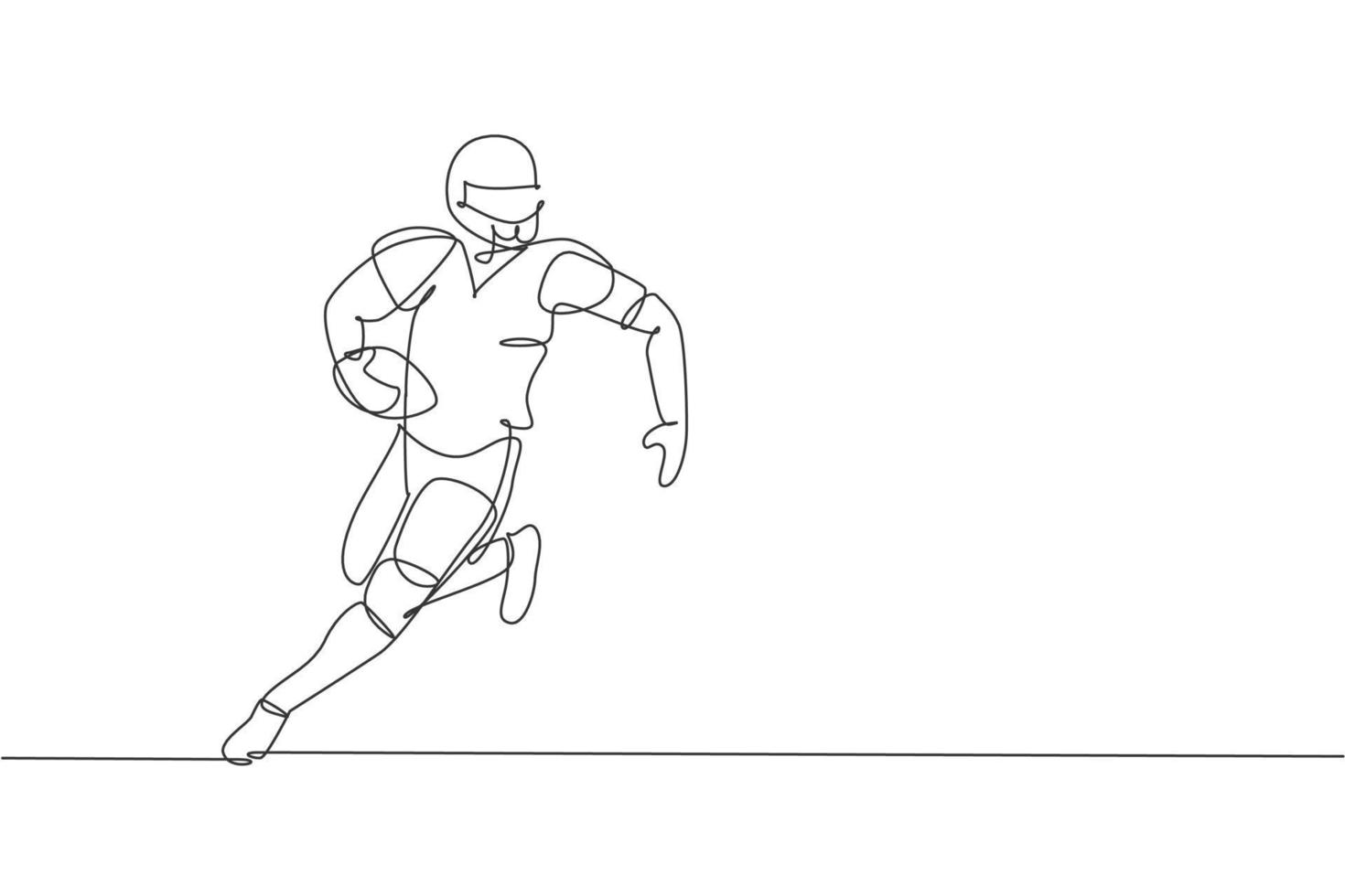 eine durchgehende Strichzeichnung eines jungen, glücklichen American-Football-Spielers, der schnell läuft, um Gegnern für das Wettbewerbsplakat auszuweichen. Sport-Teamwork-Konzept. dynamische einzeilige Zeichnungsdesign-Vektorillustration vektor