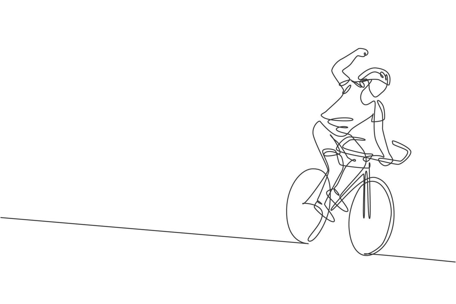 enda kontinuerlig linjeteckning av ung smidig man cyklist glad att nå mållinjen. sport livsstilskoncept. trendiga en rad rita design grafisk vektorillustration för cykling race marknadsföring media vektor