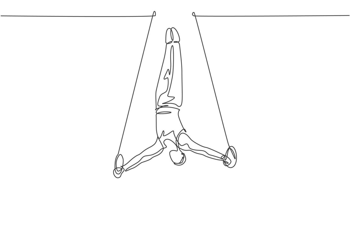 en kontinuerlig linjeteckning av ung man som tränar stadiga ringar på gymnastik. gymnastatlet i trikot. hälsosam sport och aktivt koncept. dynamisk enda rad rita design vektorillustration grafik vektor