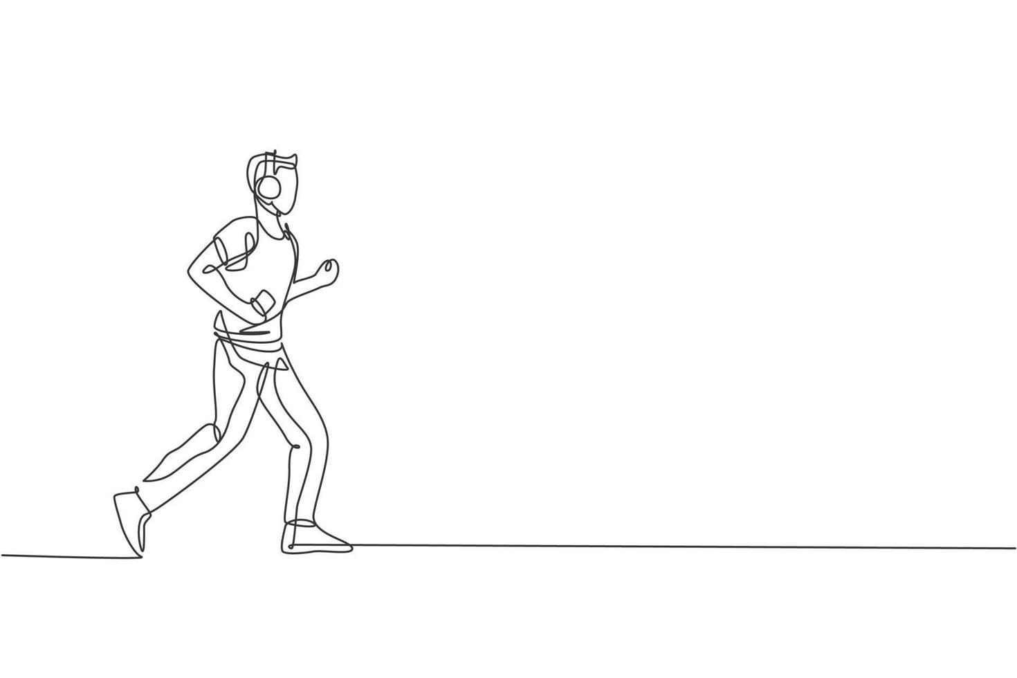 enda kontinuerlig linjeteckning ung smidig man löpare springa lugnt och koppla av lyssna på musik. hälsosam sport action koncept. trendiga en rad rita design vektor illustration grafik för att köra kampanj