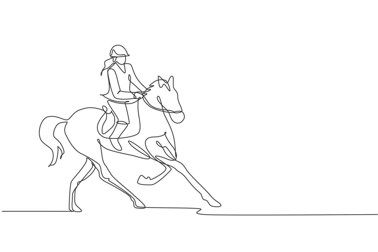 eine durchgehende Strichzeichnung einer jungen Reiterin in Aktion. Pferdelauftraining auf der Rennstrecke. Reitsport-Wettkampfkonzept. dynamische Single-Line-Draw-Design-Vektorillustrationsgrafik vektor