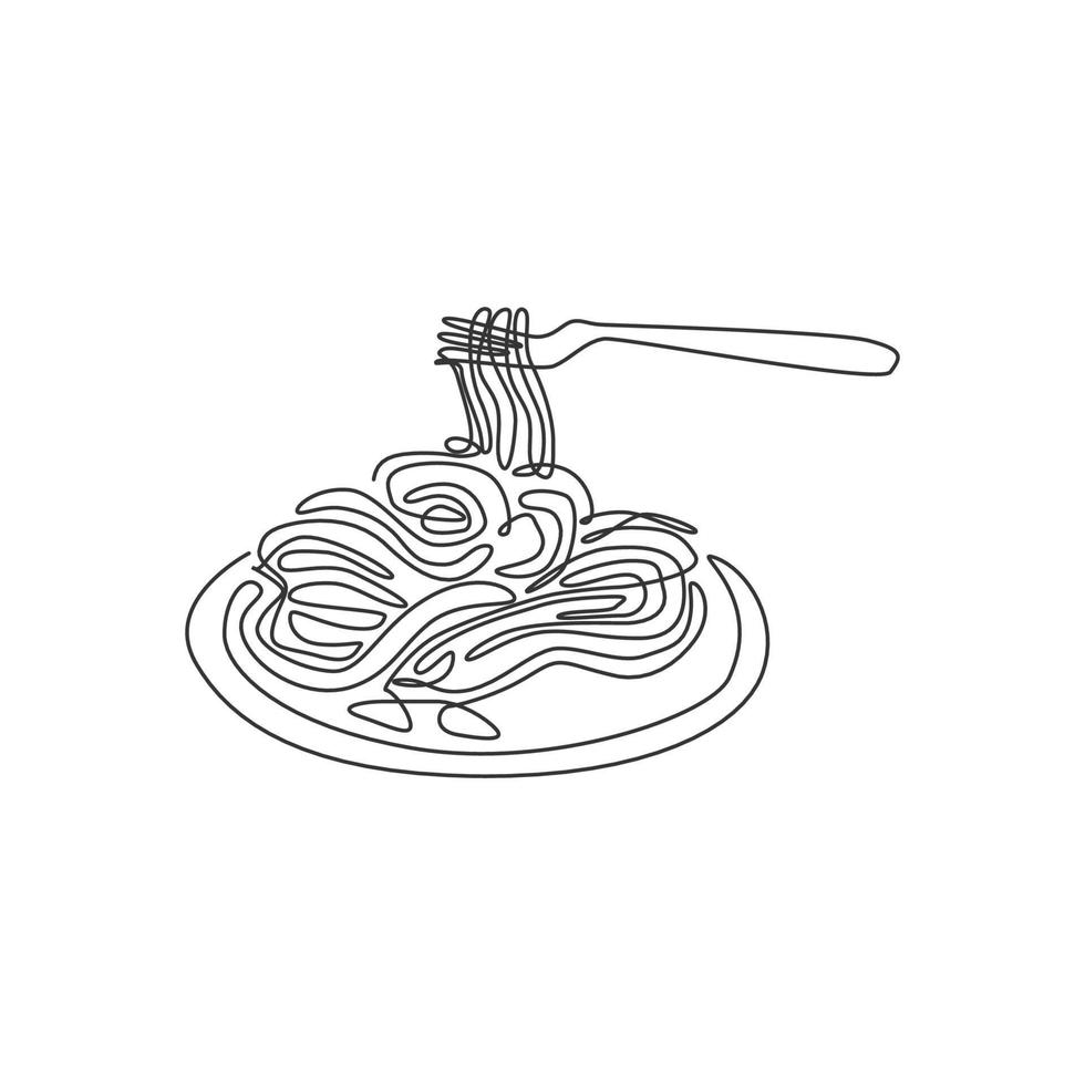 en kontinuerlig linjeteckning av färsk läcker italiensk spaghetti pasta restaurang logotyp emblem. Italien snabbmat nudelbutik logotyp mall koncept. moderna en rad rita design vektorillustration vektor