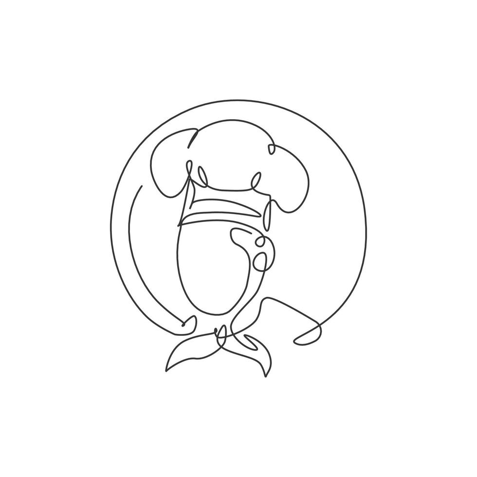 eine einzige Strichzeichnung des Kochmann-Charakters für die Vektorgrafik des Restaurant-Logos. Food Café Maskottchen Abzeichen Konzept. Modernes Design mit durchgehender Linie und Fünf-Sterne-Restaurant-Hotel-Logo vektor