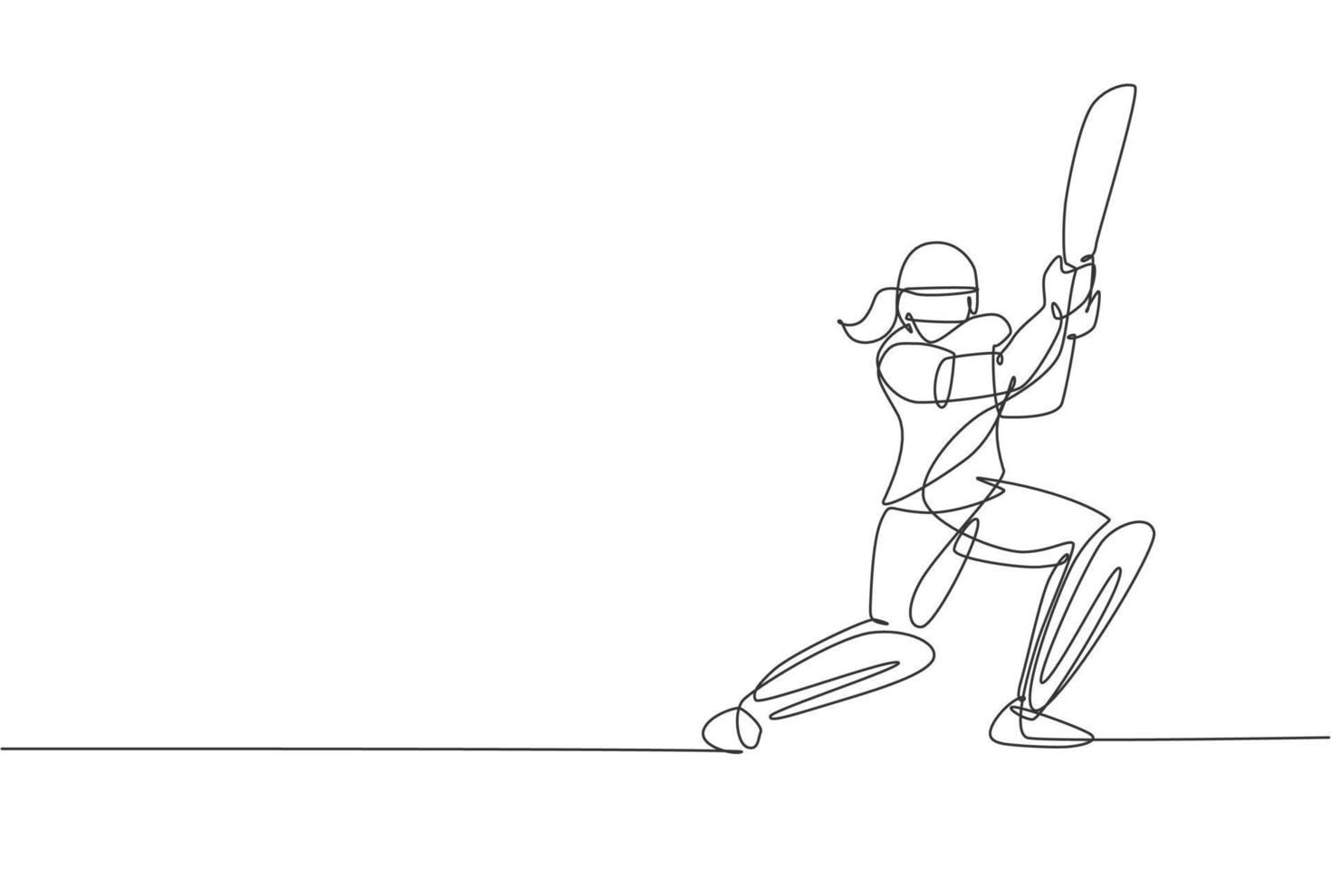 eine durchgehende Strichzeichnung einer jungen glücklichen Cricketspielerin, die sich darauf konzentriert, den Ball auf der Feldvektorillustration zu schlagen. Leistungssportkonzept. dynamisches einzeiliges zeichnungsdesign für werbeplakate vektor