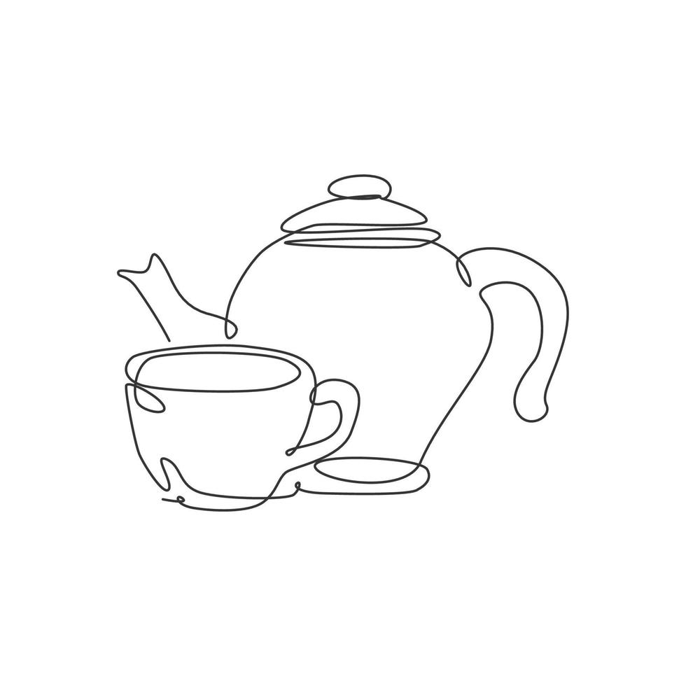 einzelne durchgehende Linienzeichnung von stilisierter Tonkeramik-Teekanne und Porzellantasse Tee. emblem getränkegeschäft konzept. moderne einzeilige designvektorgrafikillustration für café- und getränkeladen vektor