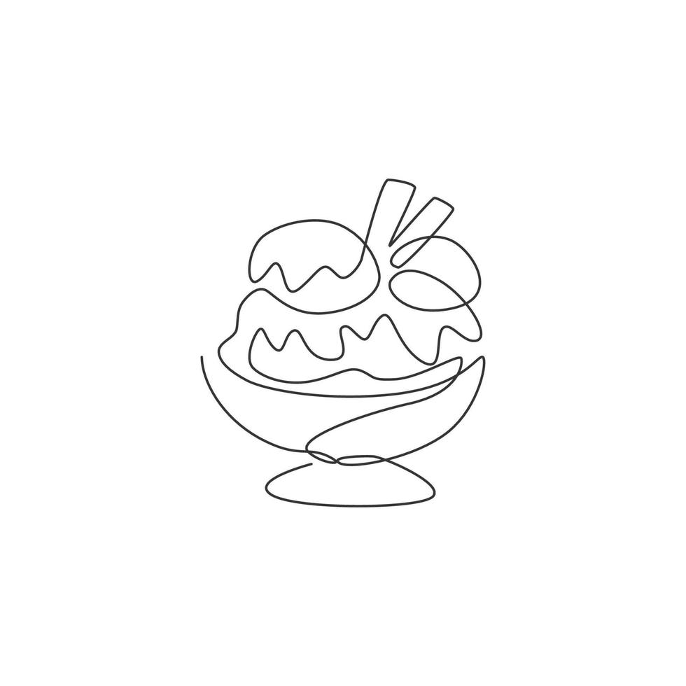eine durchgehende Linie, die frisches, köstliches Sundae-Eiscreme-Restaurant-Logo-Emblem zeichnet. süßes dessert essen café shop logo vorlage konzept. moderne grafische Vektorillustration des einzeiligen Zeichnens des Designs vektor