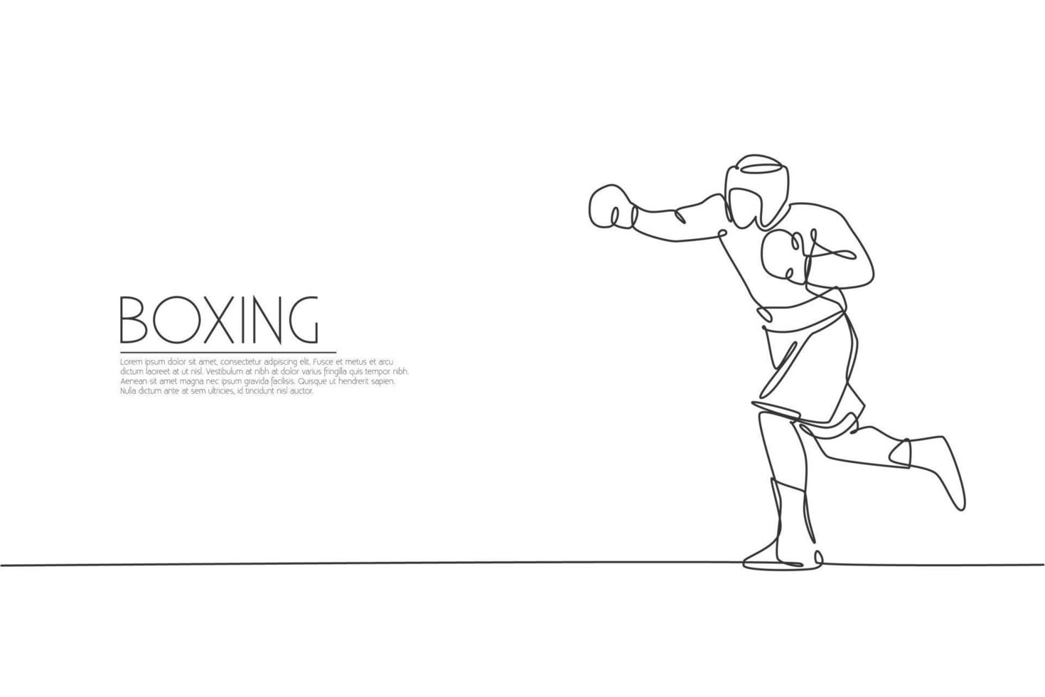 eine durchgehende Strichzeichnung des jungen sportlichen Boxers übt seinen Hakenschlag. Konzept des Wettkampfkampfsports. dynamische Single-Line-Draw-Design-Vektorillustration für Boxkampf-Werbeplakat vektor