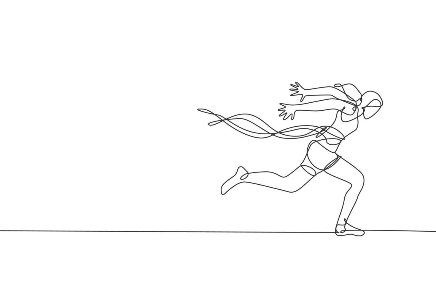 Eine einzige Strichzeichnung einer jungen, energischen Läuferin überquert die Ziellinie und bricht die Hahnvektorillustration. gesundes sportkonzept. modernes Design mit durchgehender Linie für Laufbanner vektor