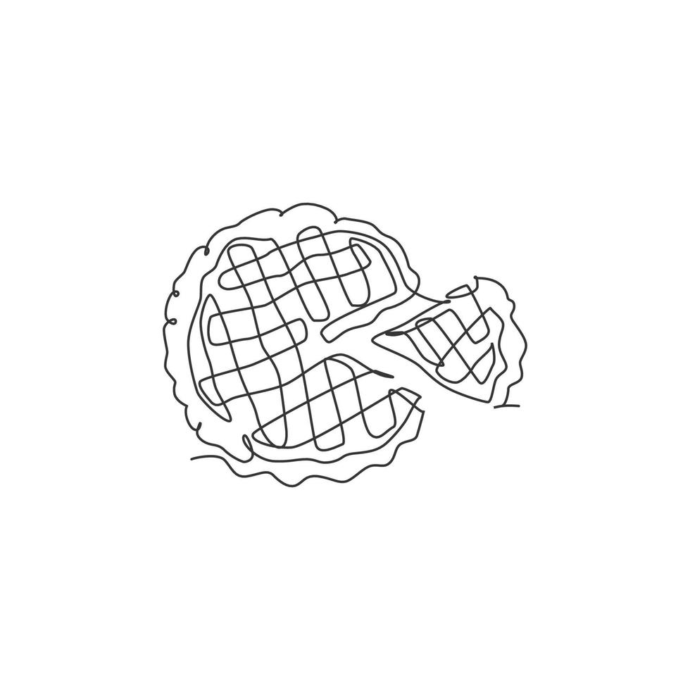 en kontinuerlig linjeritning av färsk läcker amerikansk äppelpaj för restaurangmeny logotyp emblem. bakverk mat café butik logotyp mall koncept. moderna en rad rita design vektorillustration vektor