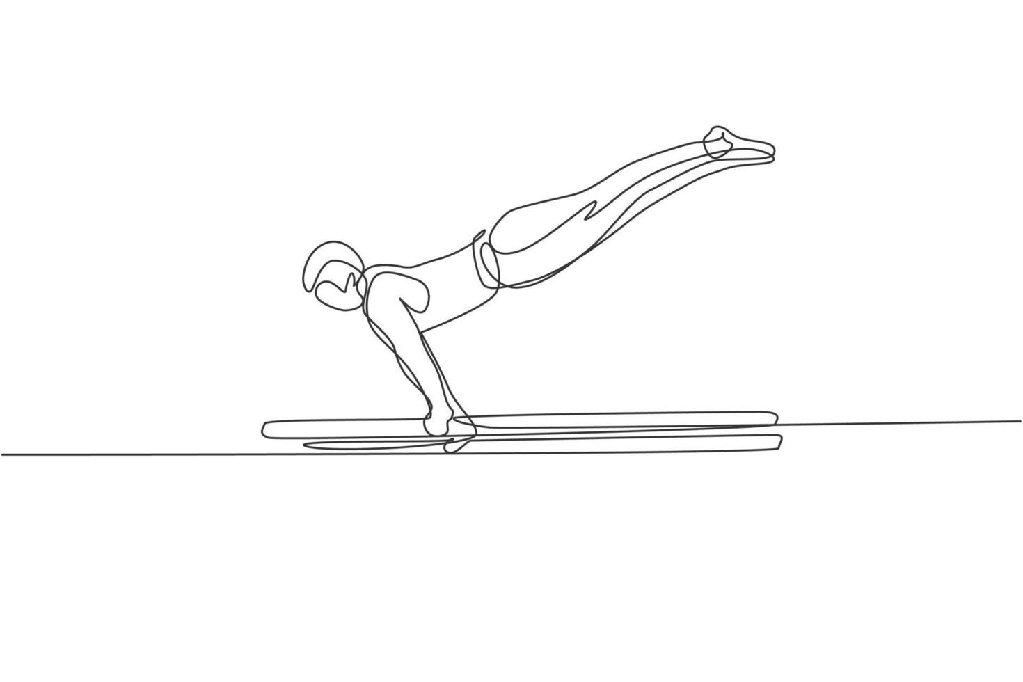 en enda linjeteckning av ung stilig gymnast man utövar parallella stänger vektorgrafisk illustration. hälsosam livsstil och atletisk sport koncept. modern kontinuerlig linjeritningsdesign vektor