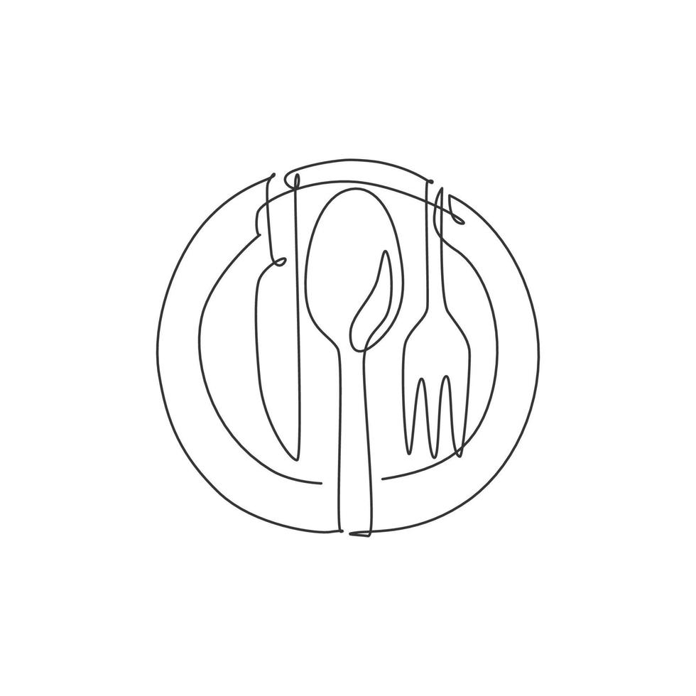 eine einzelne Strichzeichnung von Tellermesser, Gabel und Messer für Restaurant-Logo-Vektorillustrationsgrafik. Luxus-Café-Abzeichen-Konzept. modernes Design mit durchgehender Linie und Logo für Lebensmittelgeschäfte vektor