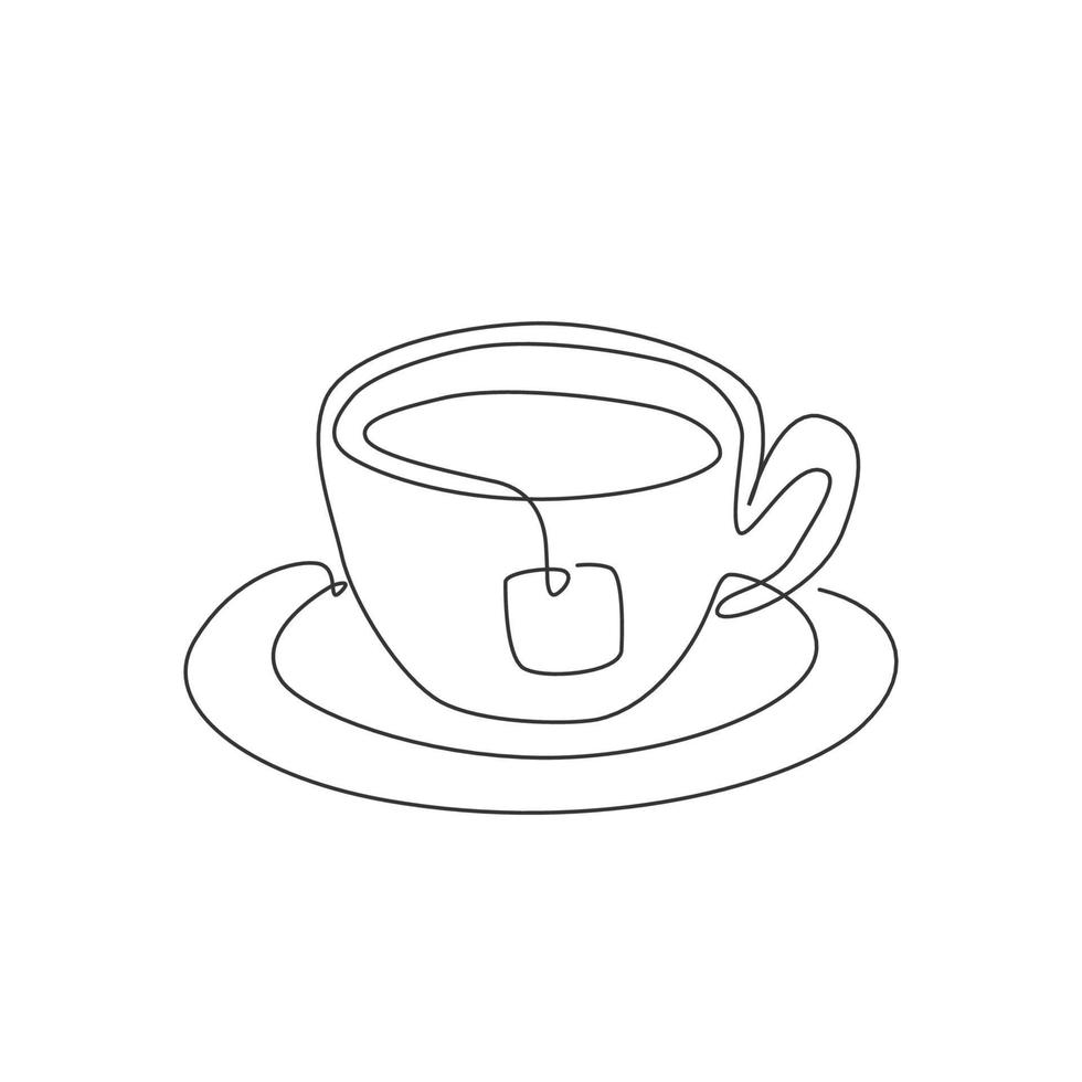 enkel kontinuerlig linjeteckning av stiliserad kopp te med tepåse och drinkunderlägg. emblem te butik logotyp koncept. modern en rad ritning design vektorgrafisk illustration för café och dryck butik vektor