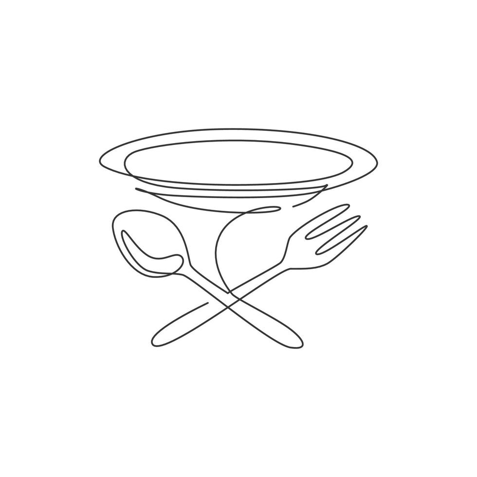 einzelne durchgehende Strichzeichnung stilisierter Teller, Gabel und Löffel für Café-Logo-Etikett. emblem elegantes restaurantkonzept. moderne einzeilige designvektorgrafikillustration für den lebensmittellieferdienst vektor