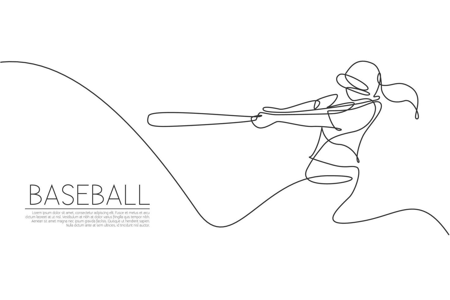 enda kontinuerlig linjeteckning av ung smidig kvinna basebollspelare slog bollen på allvar. sport träning koncept. trendiga en rad rita design vektorgrafisk illustration för baseball marknadsföring media vektor