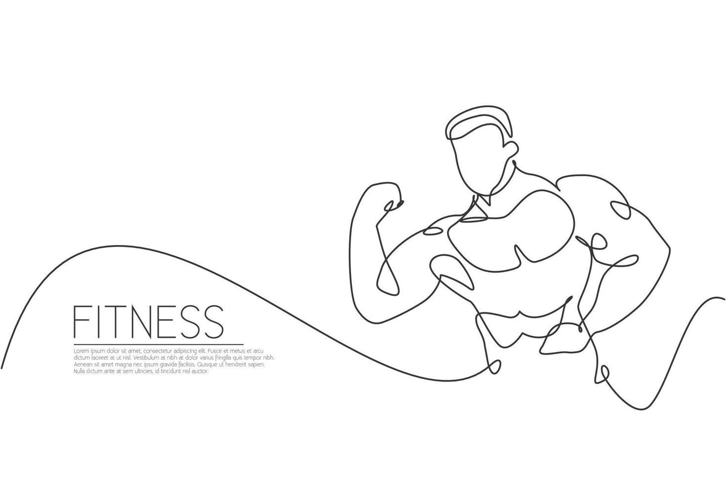 eine durchgehende Linie, die einen jungen, starken Modellmann-Bodybuilder zeichnet. Fitness-Center-Fitnessstudio-Logo-Konzept. dynamische einzeilige Zeichnungsdesign-Vektorgrafikillustration für Bodybuilding-Wettkampfwettbewerb vektor