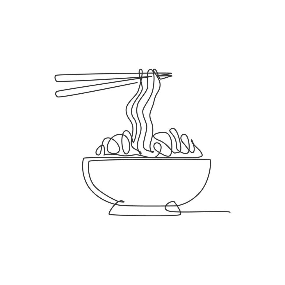 en kontinuerlig linjeritning av färska läckra japanska ramen restaurang logotyp emblem. snabbmat japan nudel café butik logotyp mall koncept. moderna en rad rita design vektorillustration vektor