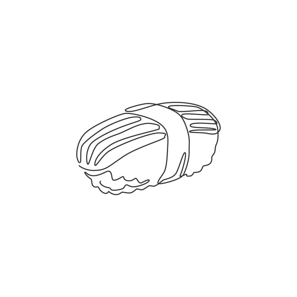eine durchgehende Linie, die frisches, köstliches japanisches Nigiri-Sushi-Bar-Restaurant-Logo-Emblem zeichnet. Japan Sea Food Shop Logo Vorlagenkonzept. moderne einzeilige zeichnen design vektorgrafik illustration vektor