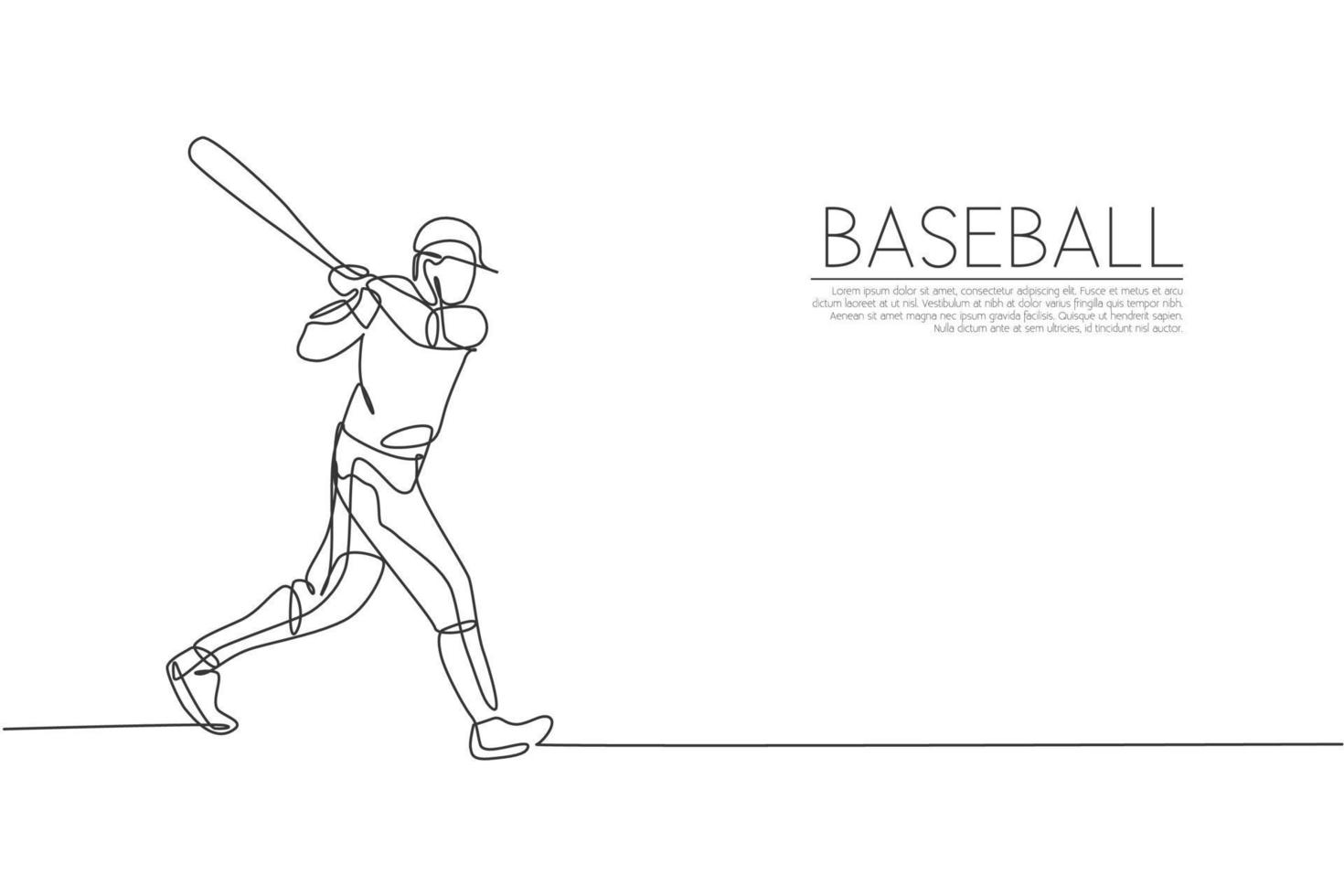 einzelne fortlaufende Linienzeichnung des jungen agilen Baseballspielers, der übt, den Ball zu schlagen. Sportübungskonzept. trendige einzeilige design-vektorgrafikillustration für baseball-werbemedien vektor