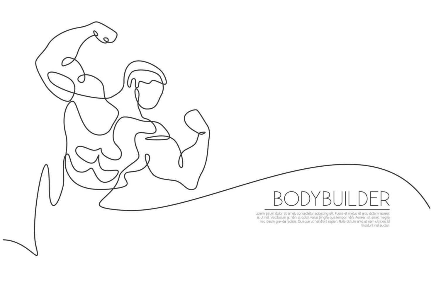 en enda linjeteckning av ung energisk modell man bodybuilder poserade vektorillustration. hälsosamt träningskoncept. modern kontinuerlig linje ritning design för bodybuilding gym klubblogotyp ikon vektor