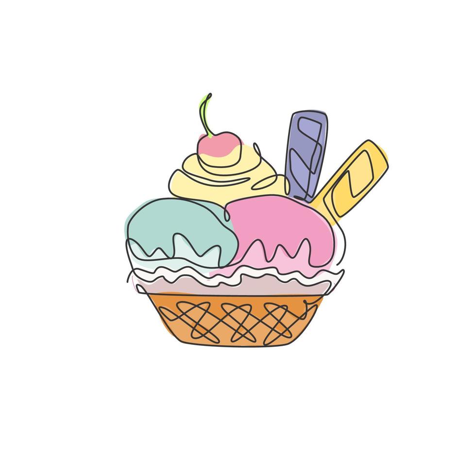 einzelne fortlaufende Linienzeichnung eines stilisierten Eisbechers mit Kirsch-Logo-Label. süßes gefrorenes dessertkonzept. moderne einzeilige designvektorgrafikillustration für snack-café-shop vektor