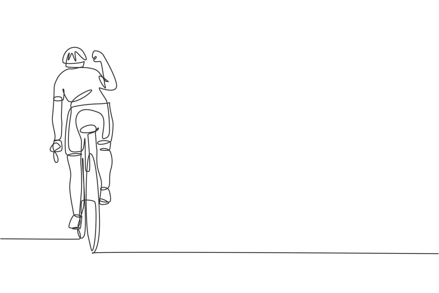 Eine durchgehende Strichzeichnung eines jungen sportlichen Radrennfahrers hebt seine Hand, um das Ziel zu feiern. Rennradfahrer-Konzept. einzeilige Zeichnungsdesign-Vektorillustration für das Plakat des Radsportwettbewerbs vektor