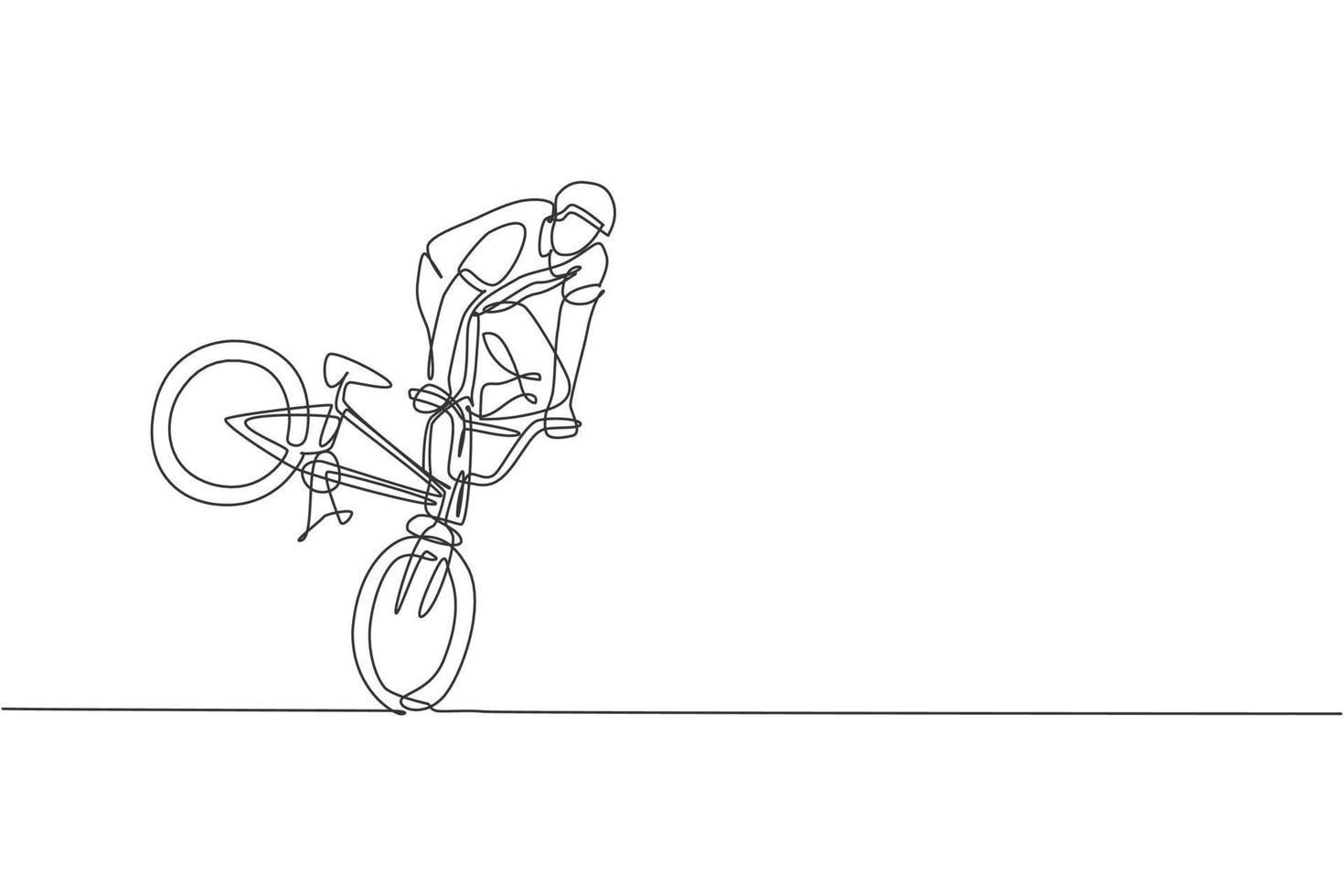 en kontinuerlig linjeteckning av ung bmx-cyklist som utför farliga trick på skatepark. extrem sport koncept vektor illustration. dynamisk enda rad rita design för event marknadsföring affisch