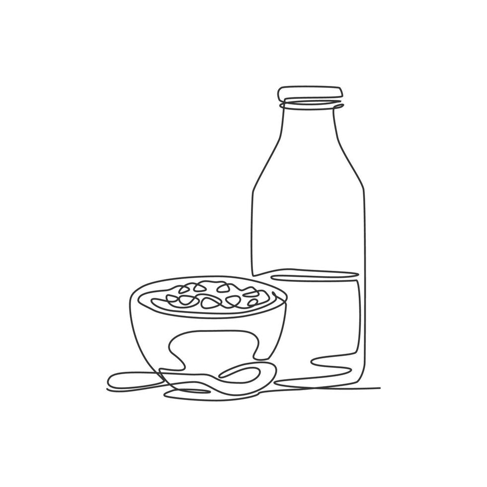 en kontinuerlig linjeteckning färsk läcker skål med flingor frukost och en flaska mjölk. hälsosam frukost mall koncept. moderna en rad rita design naturlig mat grafisk vektorillustration vektor
