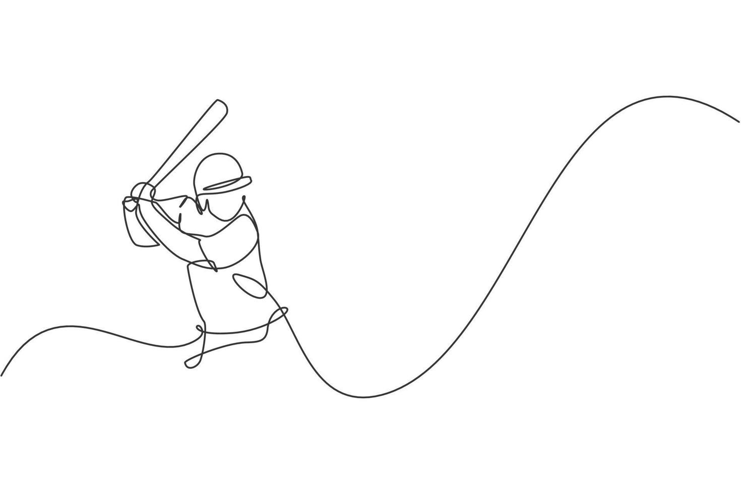 einzelne durchgehende Linienzeichnung des jungen agilen Baseballspieler-Fokustrainings, um den Ball zu schlagen. Sportübungskonzept. trendige Designvektorillustration mit einer Linie für Baseball-Werbemedien vektor