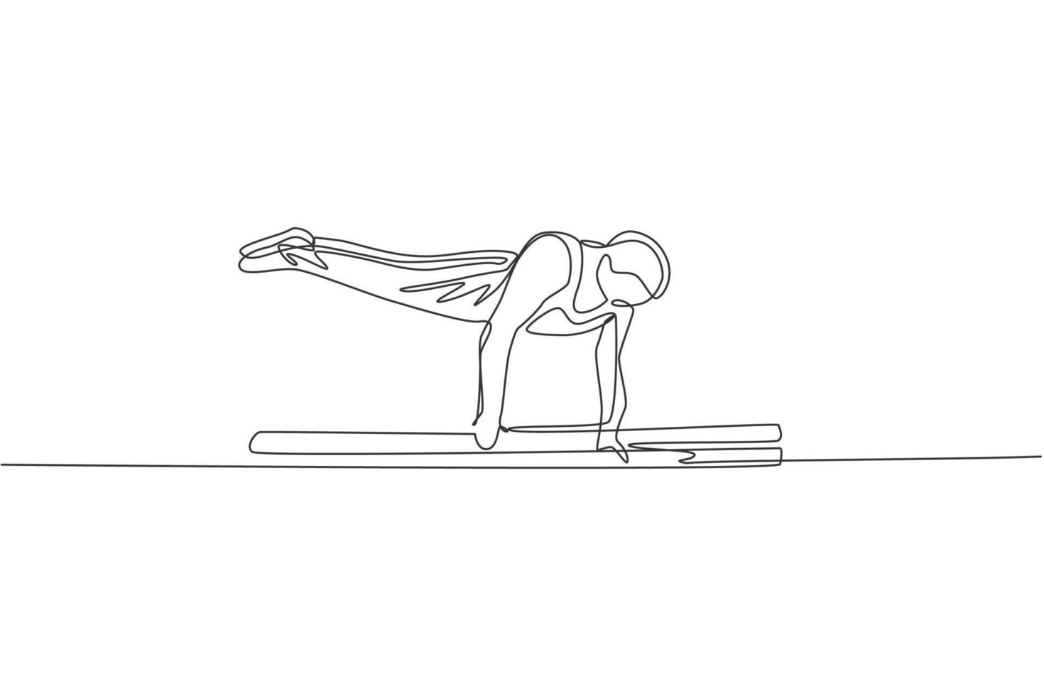 enda kontinuerlig linjeteckning ung vacker professionell gymnast man utföra akrobatiska rörelser. parallella barer träning och stretching koncept. trendiga en rad rita design vektorillustration grafik vektor