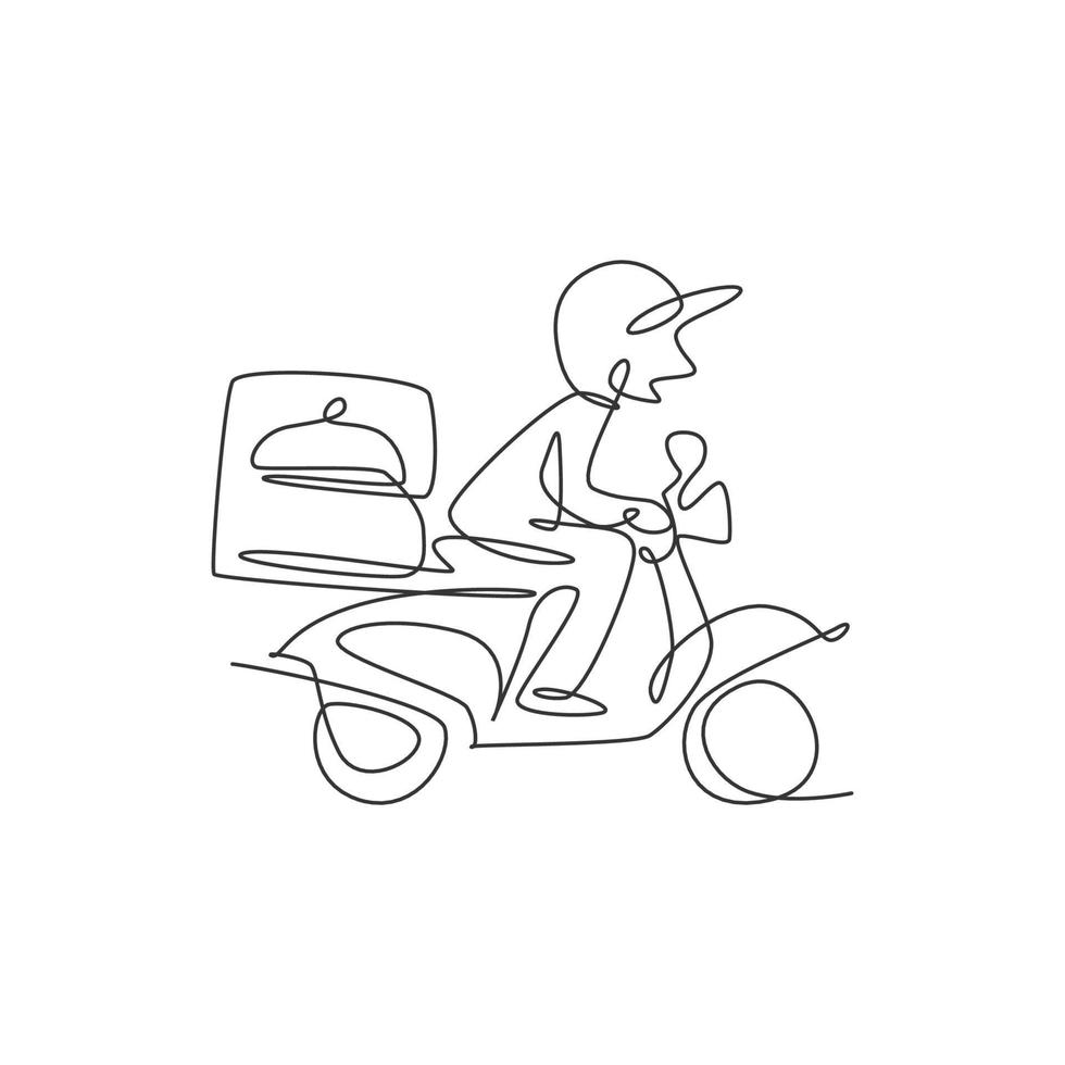 enda kontinuerlig linje ritning ung man kör motorcykel bärande låda för mat leverans service logotyp etikett. restaurang mat leverans koncept. moderna en rad rita design vektorillustration vektor
