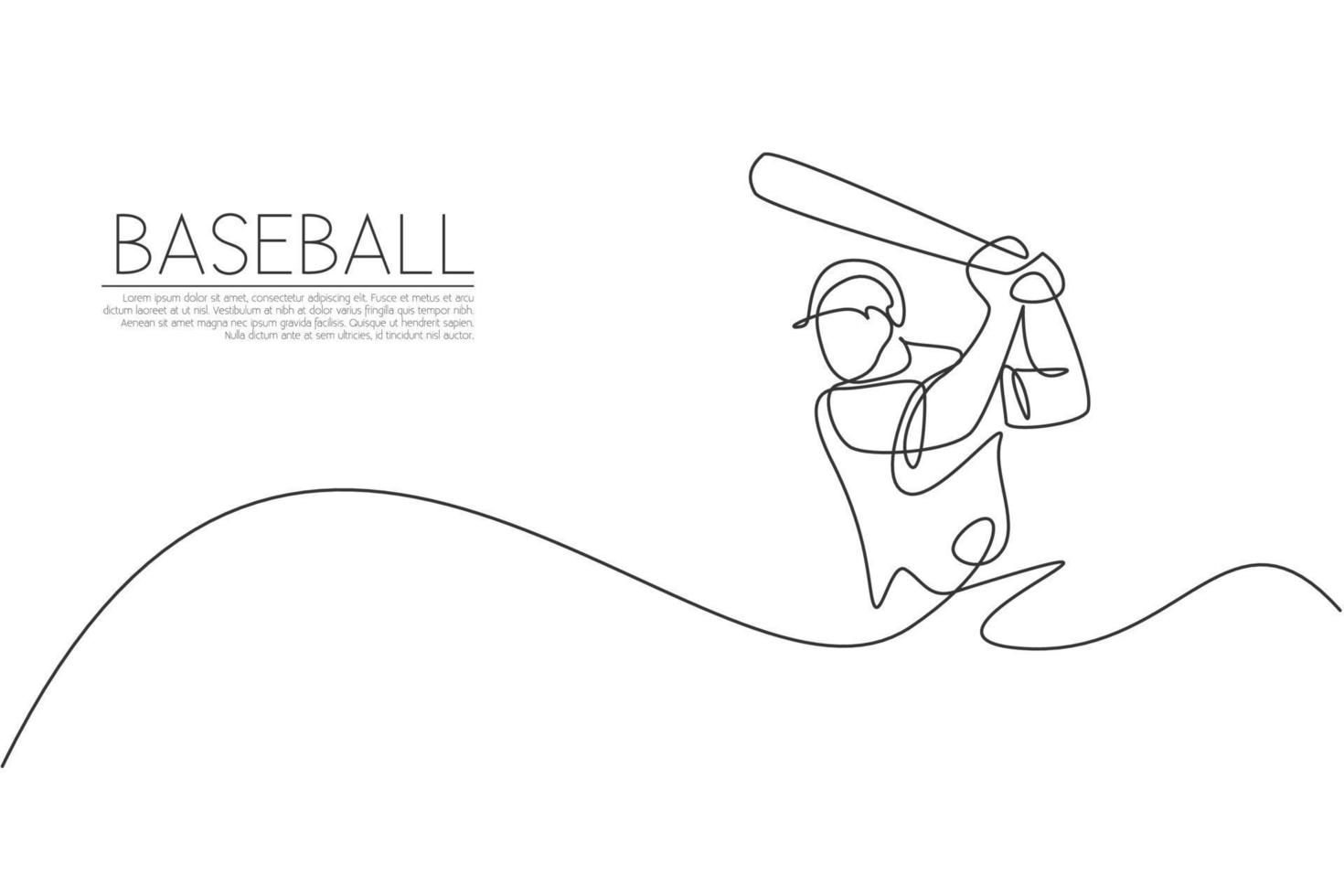 en enda linjeteckning av ung energisk man baseballspelare övar att slå bollen vektorillustration. sport träning koncept. modern kontinuerlig linje ritning design för baseball turnering banner vektor