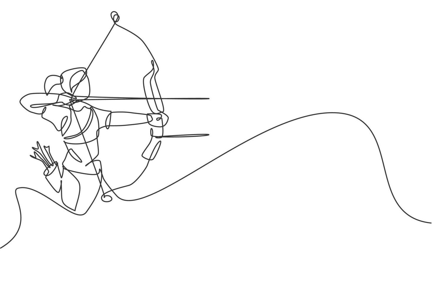 einzelne fortlaufende Linienzeichnung einer jungen professionellen Bogenschützin, die sich auf das Ziel des Bogenschießens konzentriert. bogenschießsportübung mit dem bogenkonzept. trendige einzeilige zeichnen design-vektor-illustrationsgrafik vektor