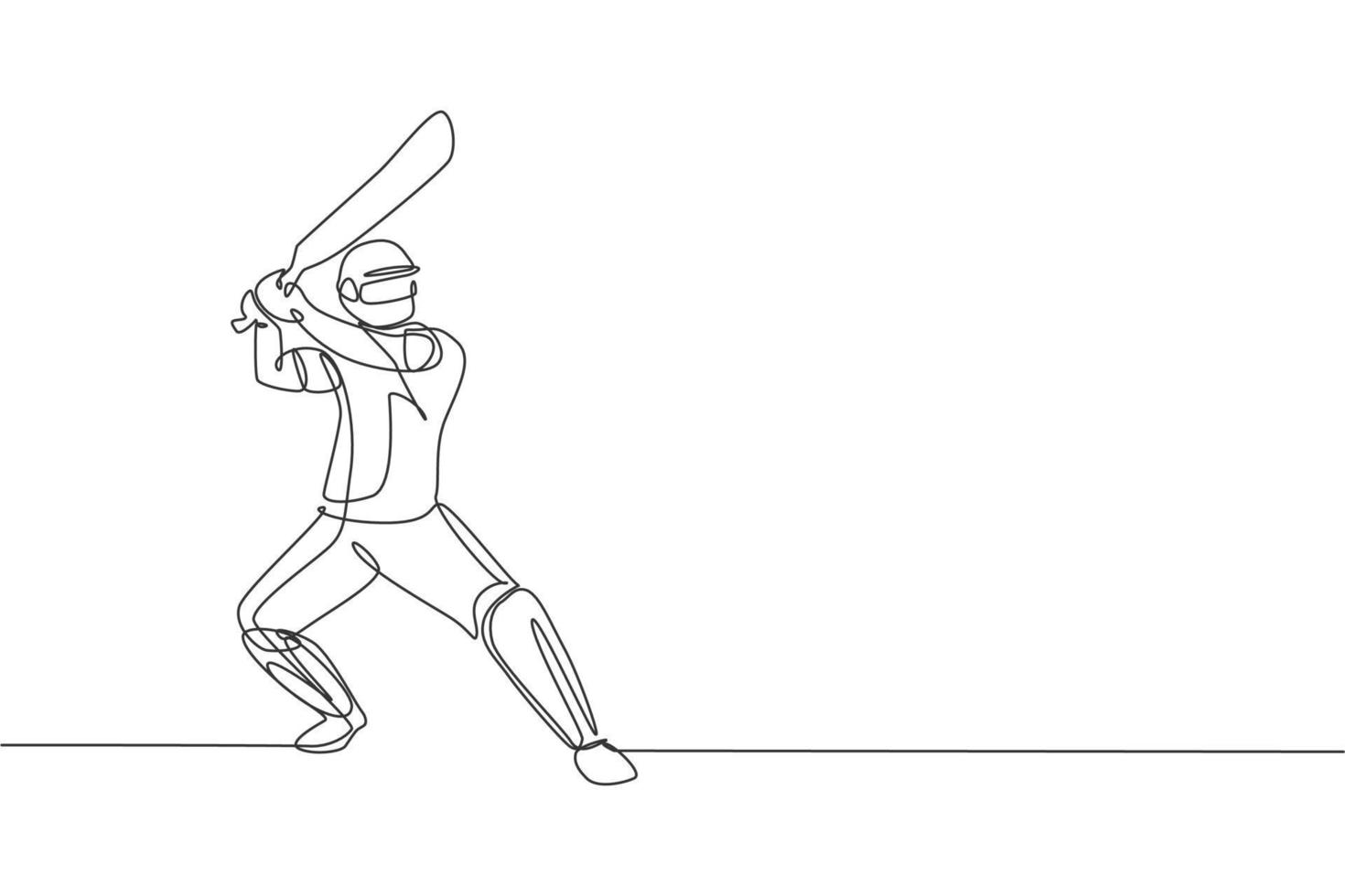 enda kontinuerlig linjeritning av ung smidig man cricketspelare stående och redo att slå bollen vektorillustration. sport träning koncept. trendig one line draw design för cricket marknadsföringsmedia vektor
