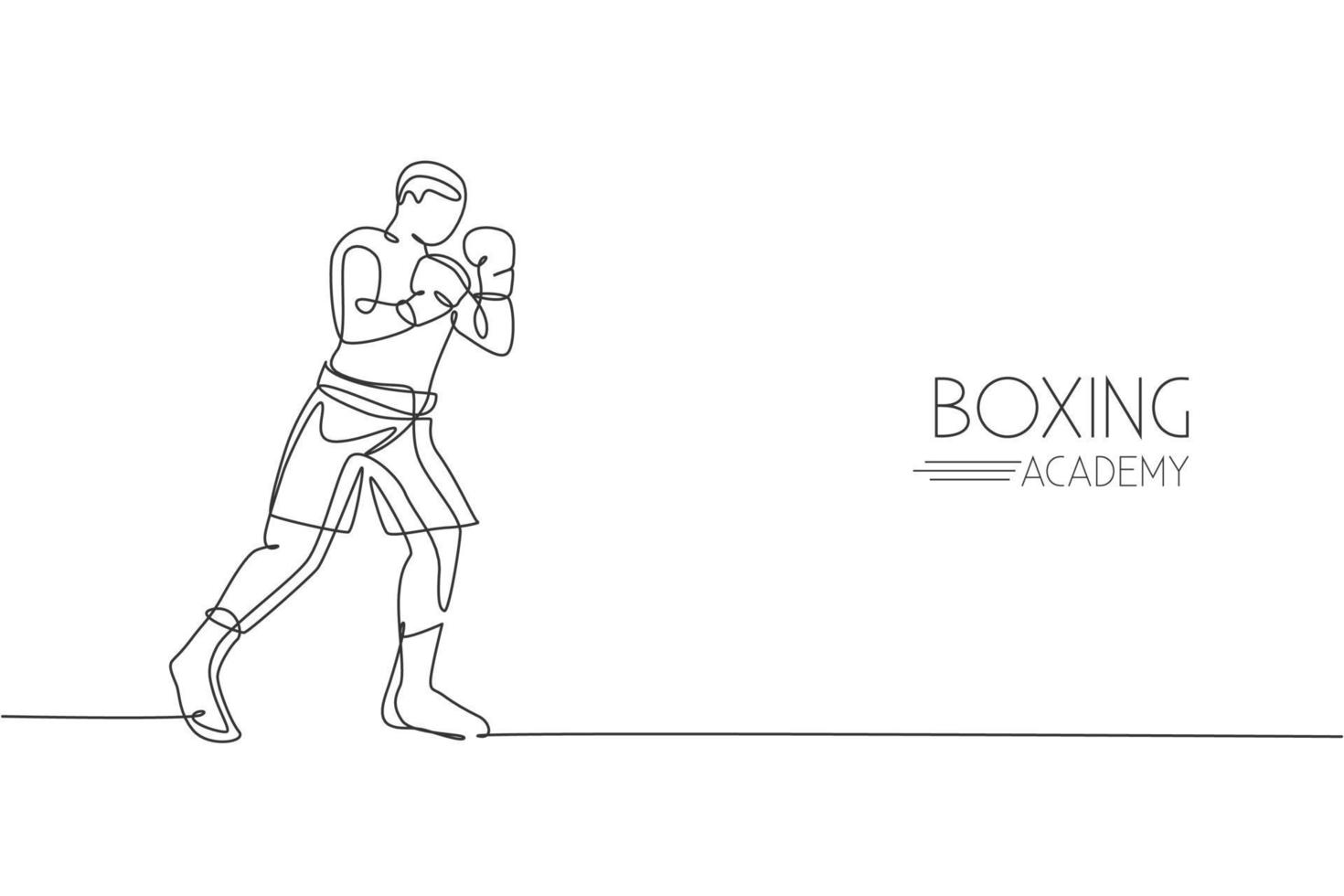 eine einzige Strichzeichnung eines jungen, energischen Boxers, der bereit ist, die Vektorillustration des Gegners anzugreifen. sport kämpferisches trainingskonzept. modernes Design mit durchgehender Linie für das Banner der Boxmeisterschaft vektor