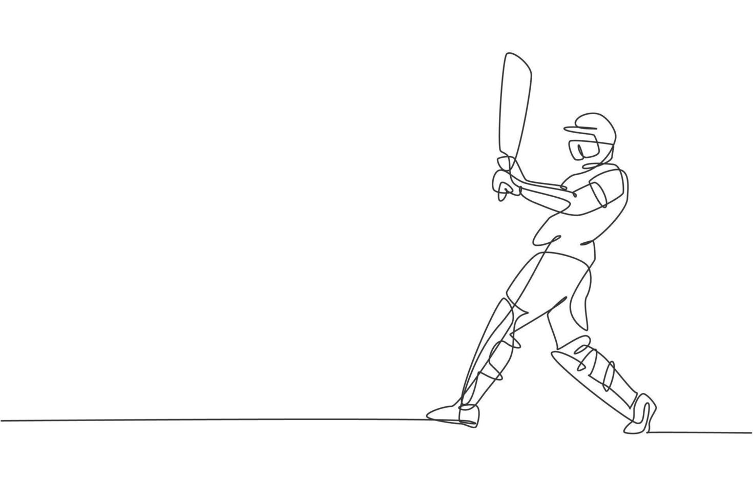 enda kontinuerlig linjeritning av ung smidig man cricketspelare framgångsrikt slå bollen på fältet vektorillustration. sport träning koncept. trendig one line draw design för cricket marknadsföringsmedia vektor