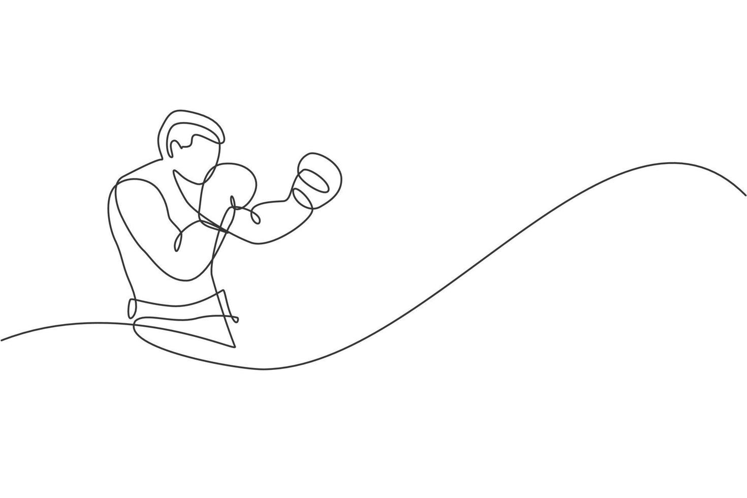 eine durchgehende Strichzeichnung des jungen sportlichen Boxers trainiert seine Verteidigungshaltung. Konzept des Wettkampfkampfsports. dynamische Single-Line-Draw-Design-Vektorillustration für Boxkampf-Werbeplakat vektor