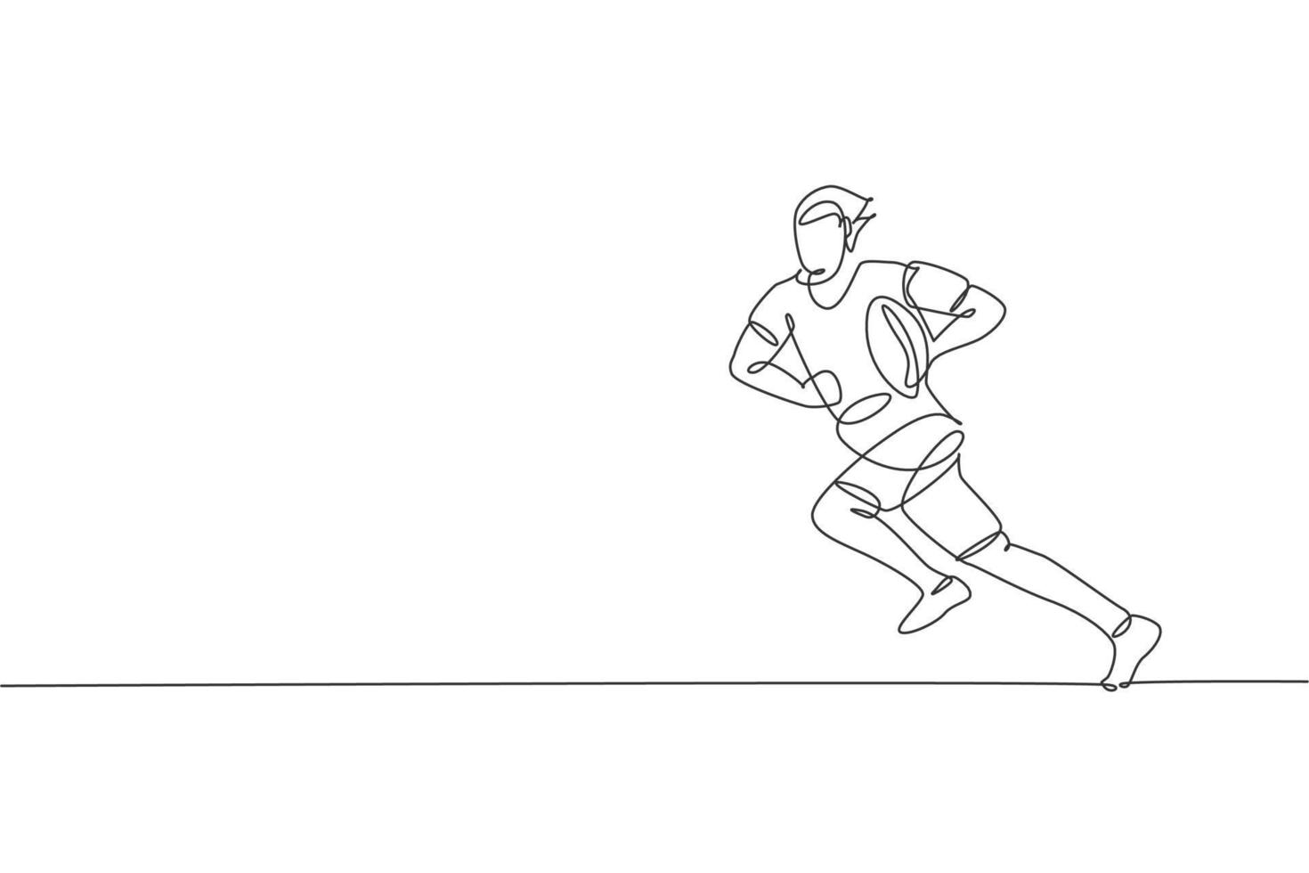 en enda linjeteckning av ung energisk manlig rugbyspelare som springer och håller bollen vektorillustration. hälsosam sport koncept. modern kontinuerlig linjeritningsdesign för rugbyturneringsbanner vektor