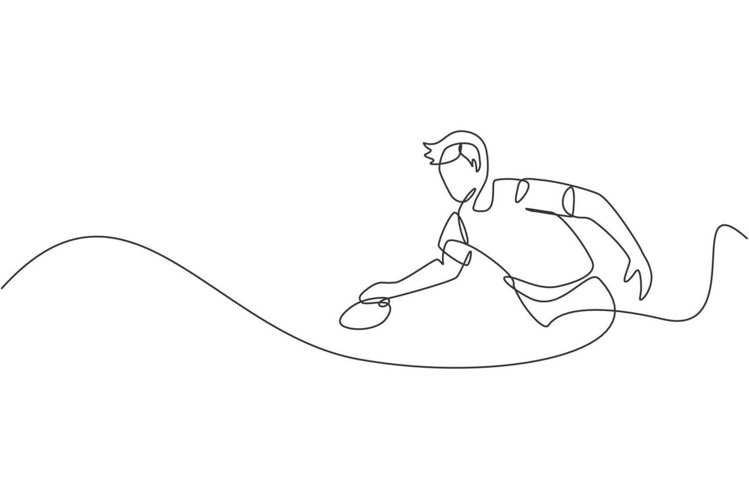 en kontinuerlig linjeritning av ung sportig man bordtennisspelare fokus att öva. tävlingsidrottskoncept. enkel rad rita design vektorgrafisk illustration för pingis mästerskap affisch vektor