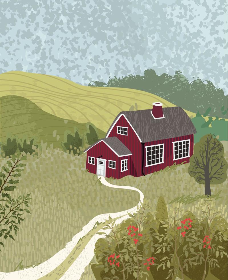 vektor vertikal färgglad texturerad illustration av naturlandskap med ett hus i skandinavisk stil. använd den som bakgrund för affisch, vykort, broschyr, kort, banderoll, grafisk design