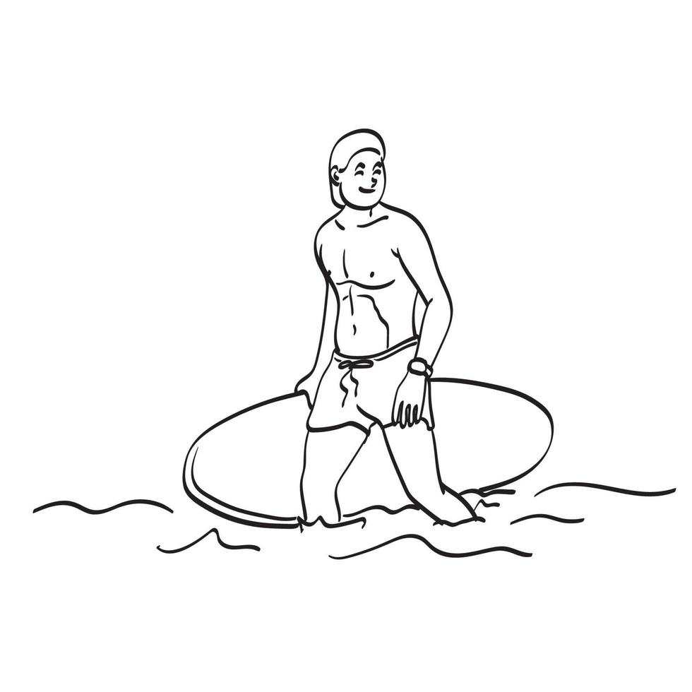 linjekonst man håller surfbräda på stranden illustration vektor handritad isolerad på vit bakgrund