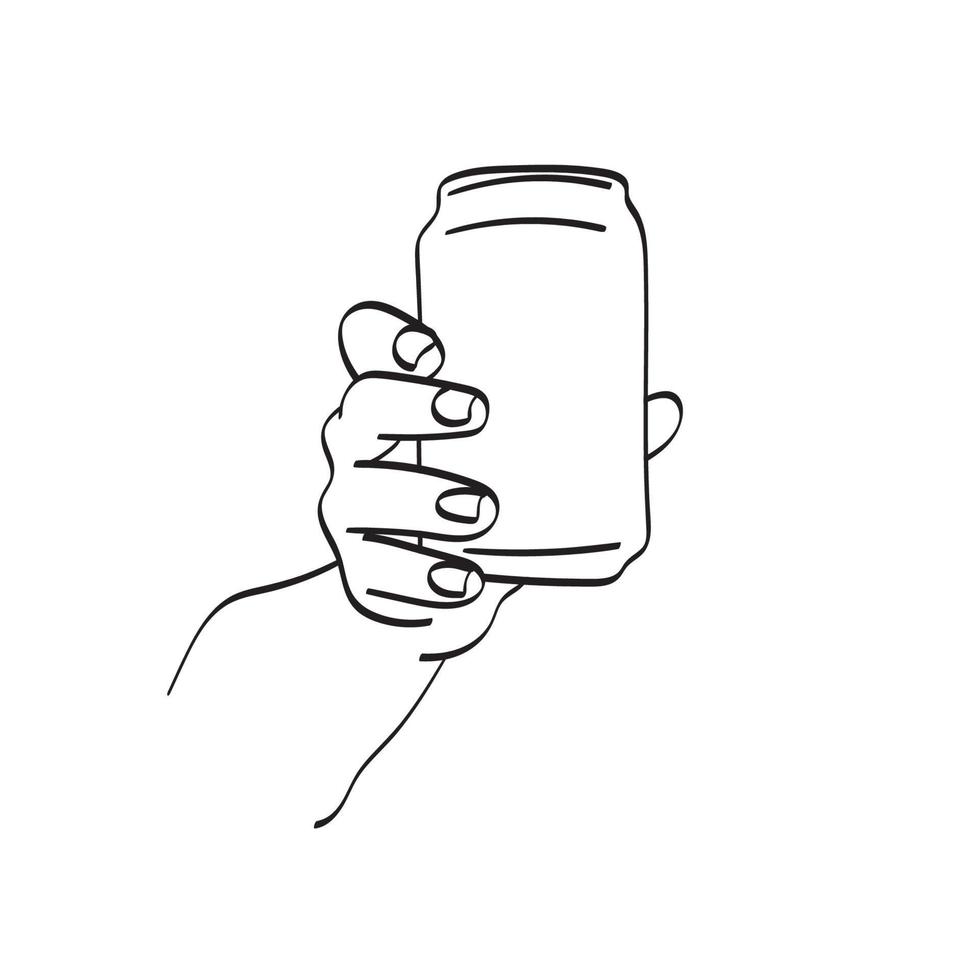 närbild hand som håller metall dryck dryck kan illustration vektor handritad isolerad på vit bakgrund linjekonst.