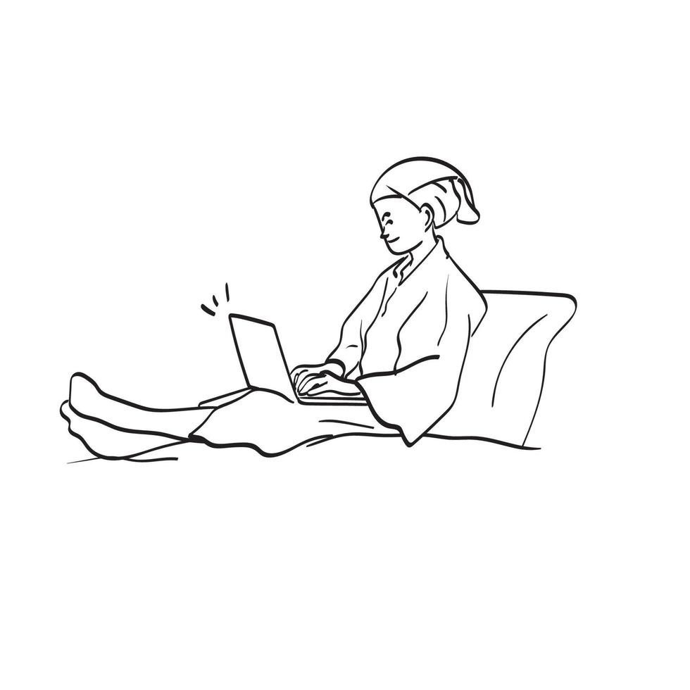 linjekonst kvinna kopplar av på hotellet och arbetar med bärbar dator på en säng efter en dusch med morgonrock illustration vektor handritad isolerad på vit bakgrund
