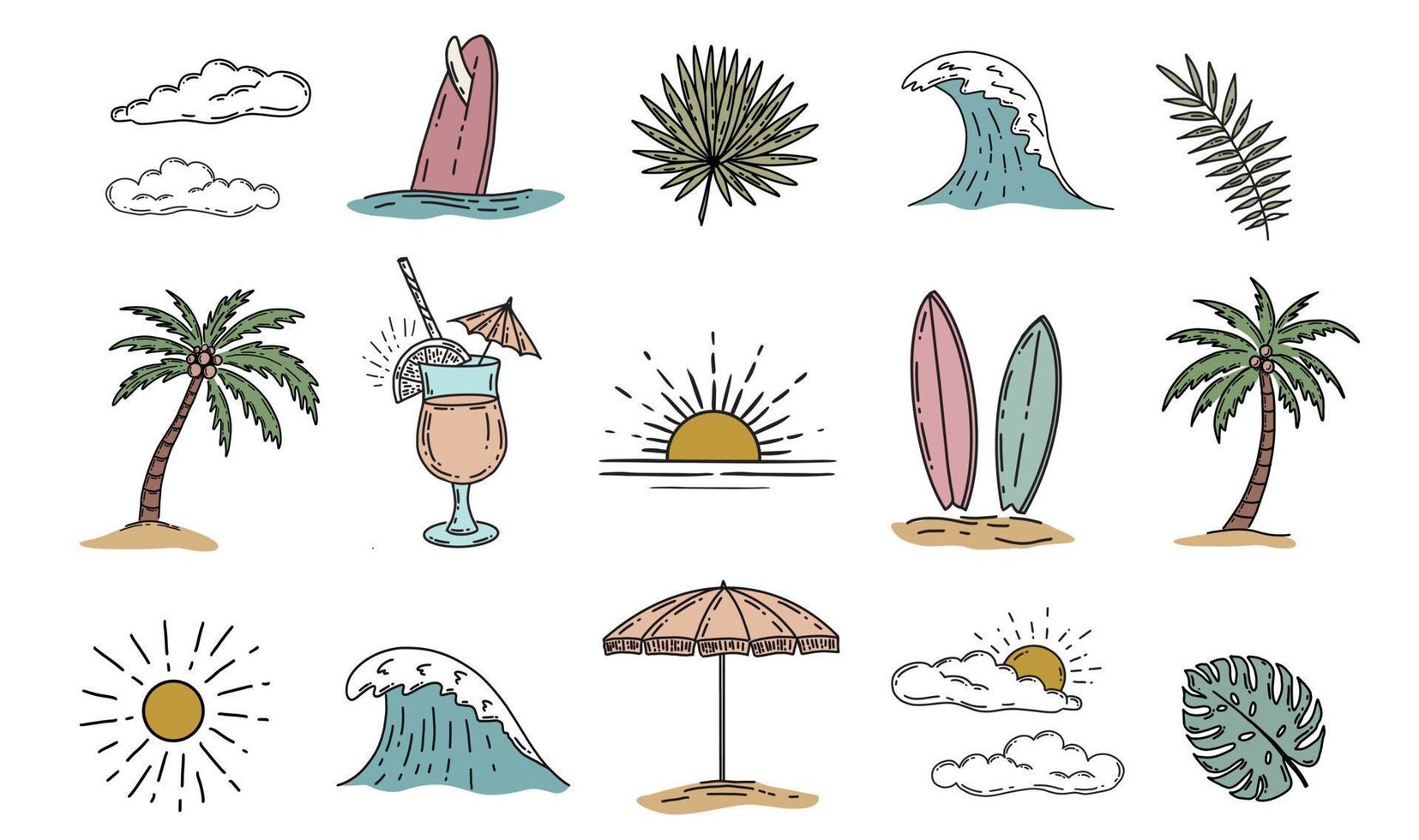 sommer-icon-set, handgezeichnete illustration. vektor