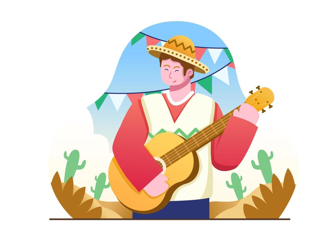 Mexikaner tragen Sombrero und feiern Cinco de Mayo mit Gitarre spielen und Illustration singen. kann für Grußkarten, Postkarten, Poster, Banner, Druck, Einladung, Web usw. verwendet werden vektor