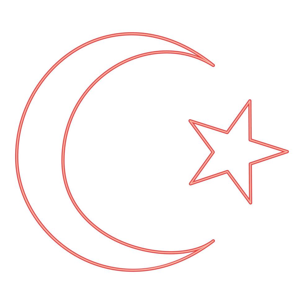 Neonsymbol des islamischen Halbmonds und des Sterns mit fünf Ecken rote Farbvektorillustrationsbild-Flachart vektor