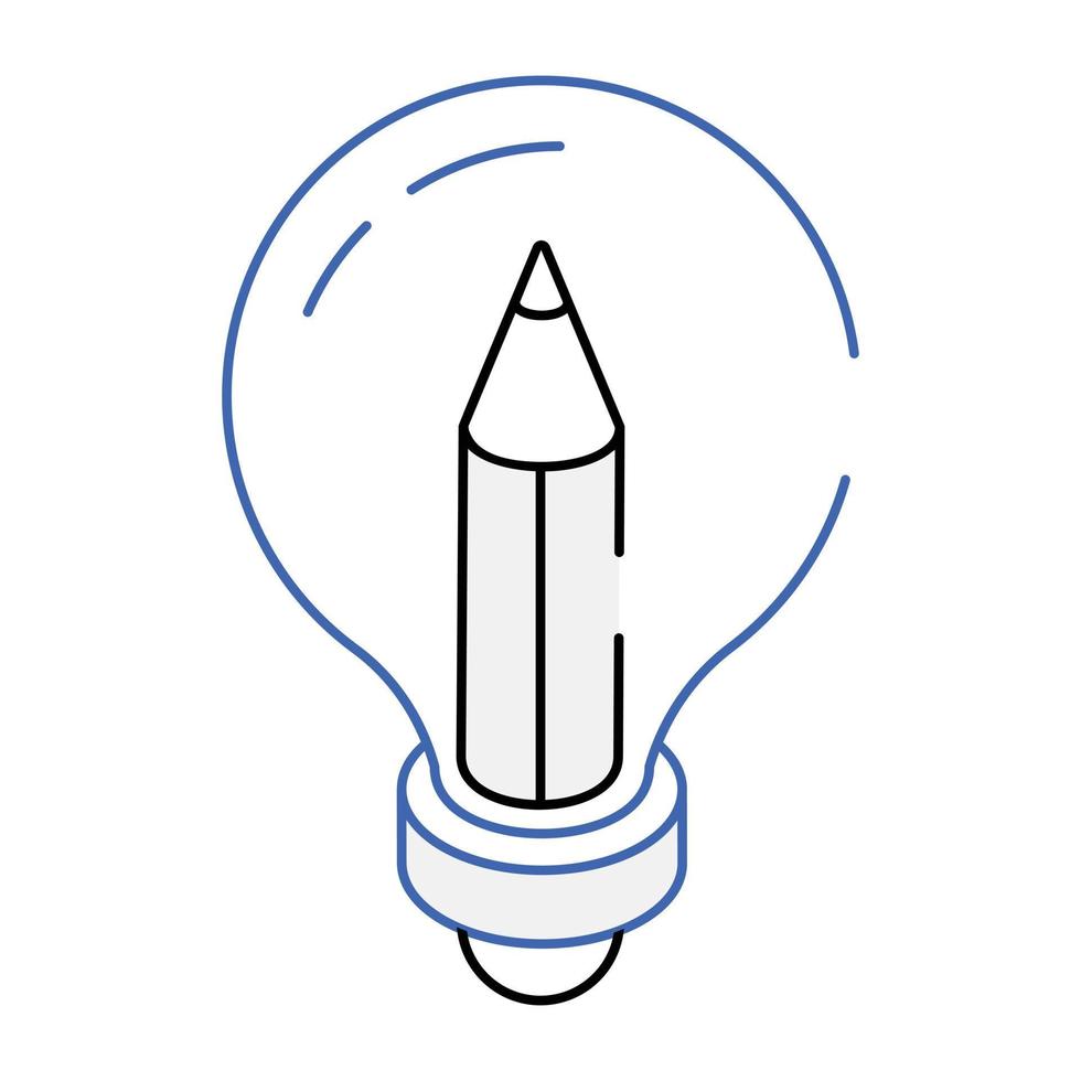 penna inuti glödlampan, kontur isometrisk ikon för kreativt skrivande vektor