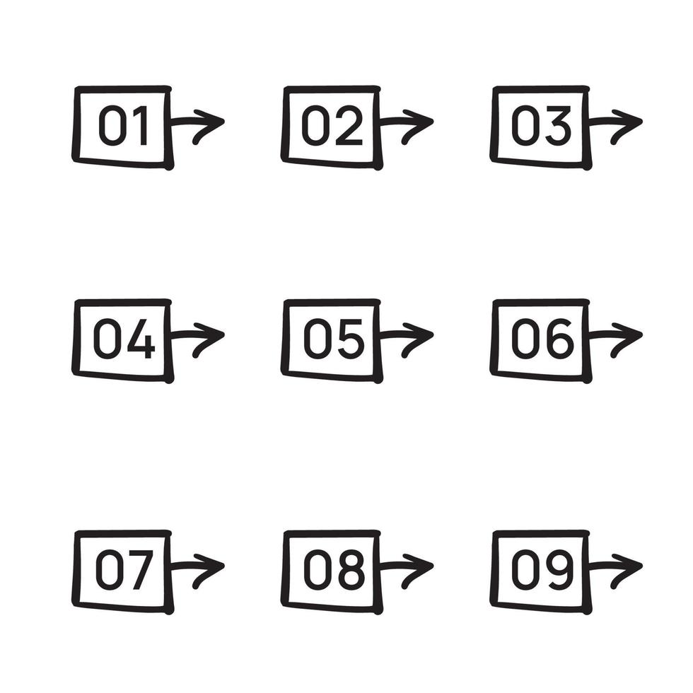 Zahlenpunkte, Quadrat- und Pfeillinien, handgezeichneter Stil vektor
